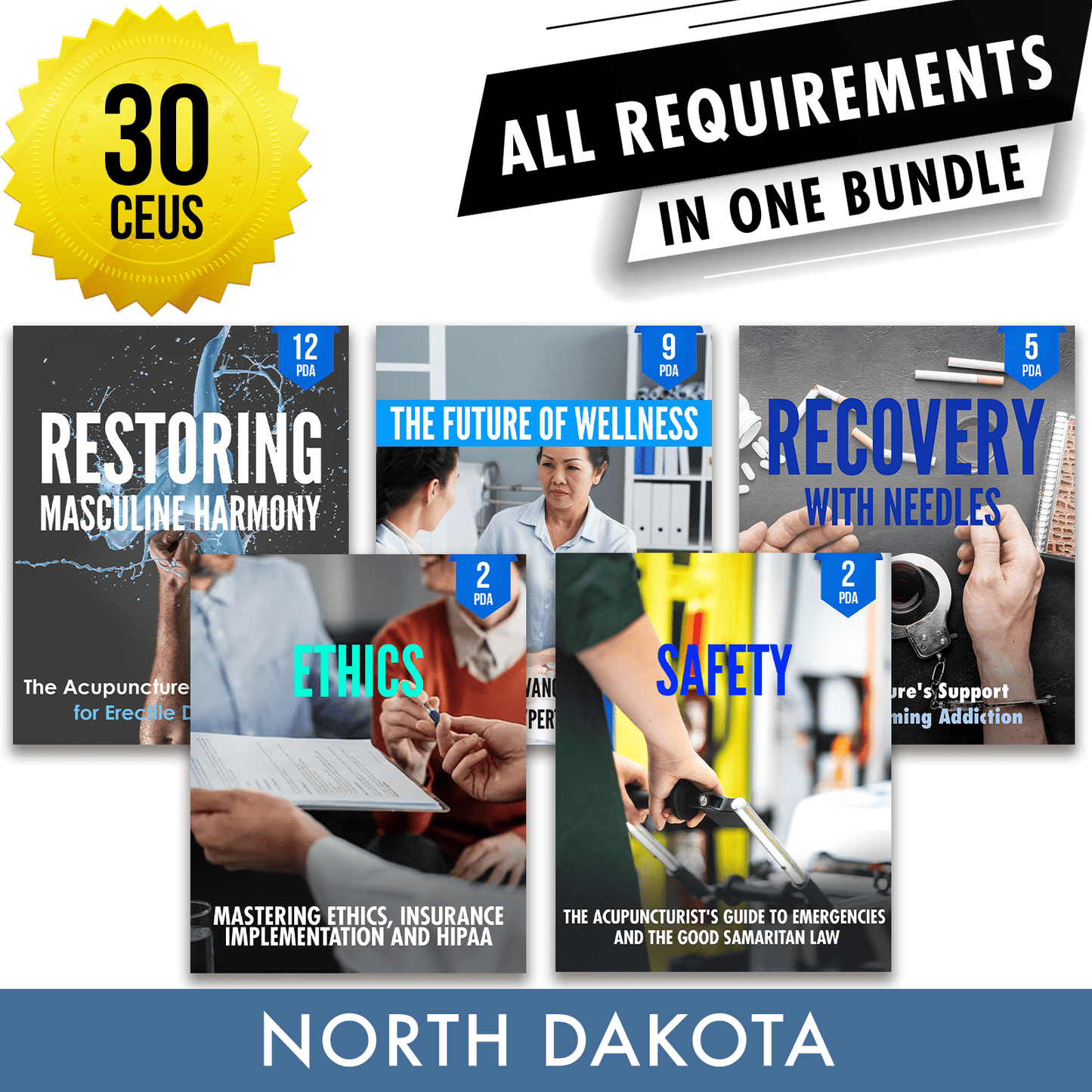 North Dakota Bundle 1: Full Recertification - All Required Acupuncture Continuing Education Credits in One Package, 30 PDA/CEU Hours ACEU Masters continuing education florida california nccaom australia uk canada