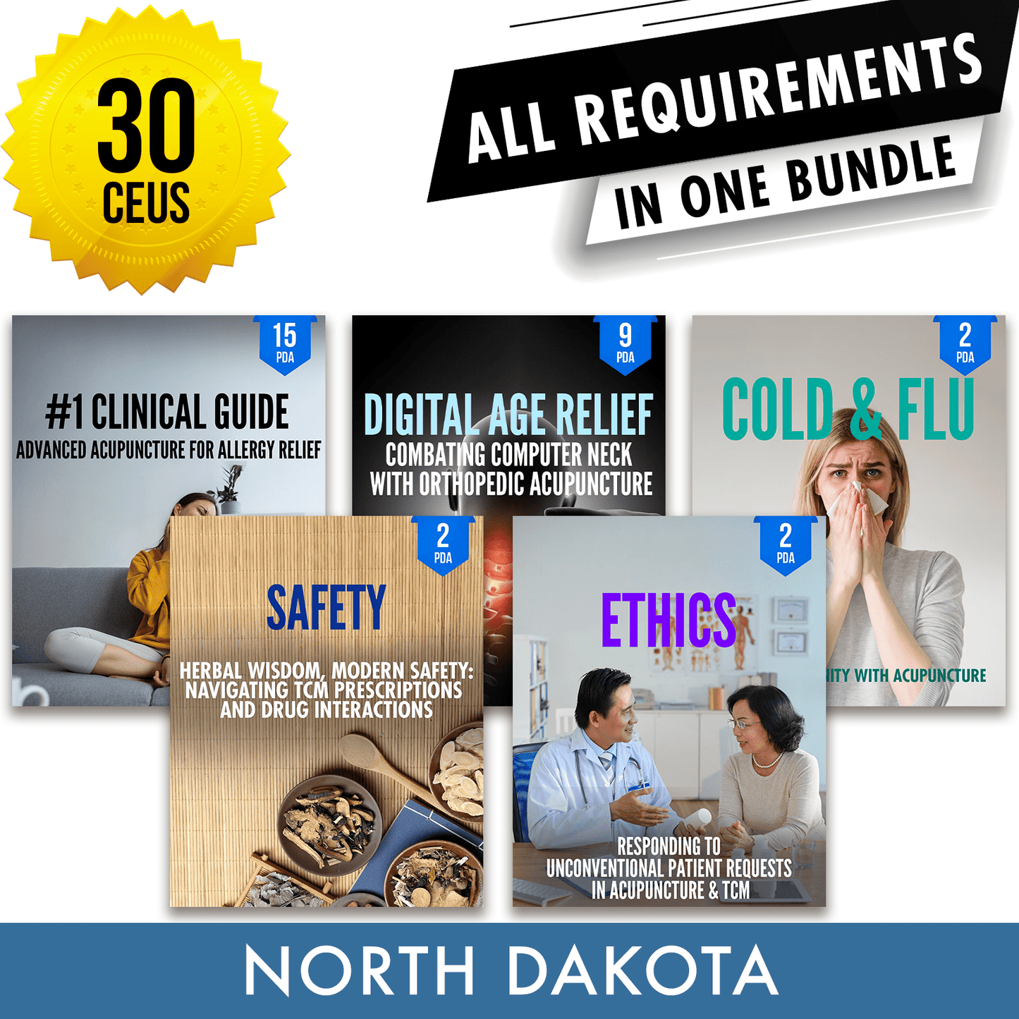 North Dakota Bundle 2: Full Recertification - All Required Acupuncture Continuing Education Credits in One Package, 30 PDA/CEU Hours ACEU Masters continuing education florida california nccaom australia uk canada