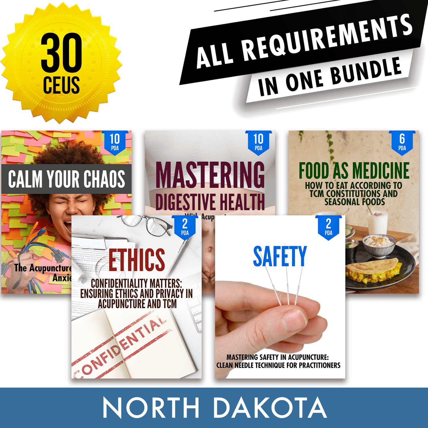 North Dakota Bundle 3: Full Recertification - All Required Acupuncture Continuing Education Credits in One Package, 30 PDA/CEU Hours ACEU Masters continuing education florida california nccaom australia uk canada