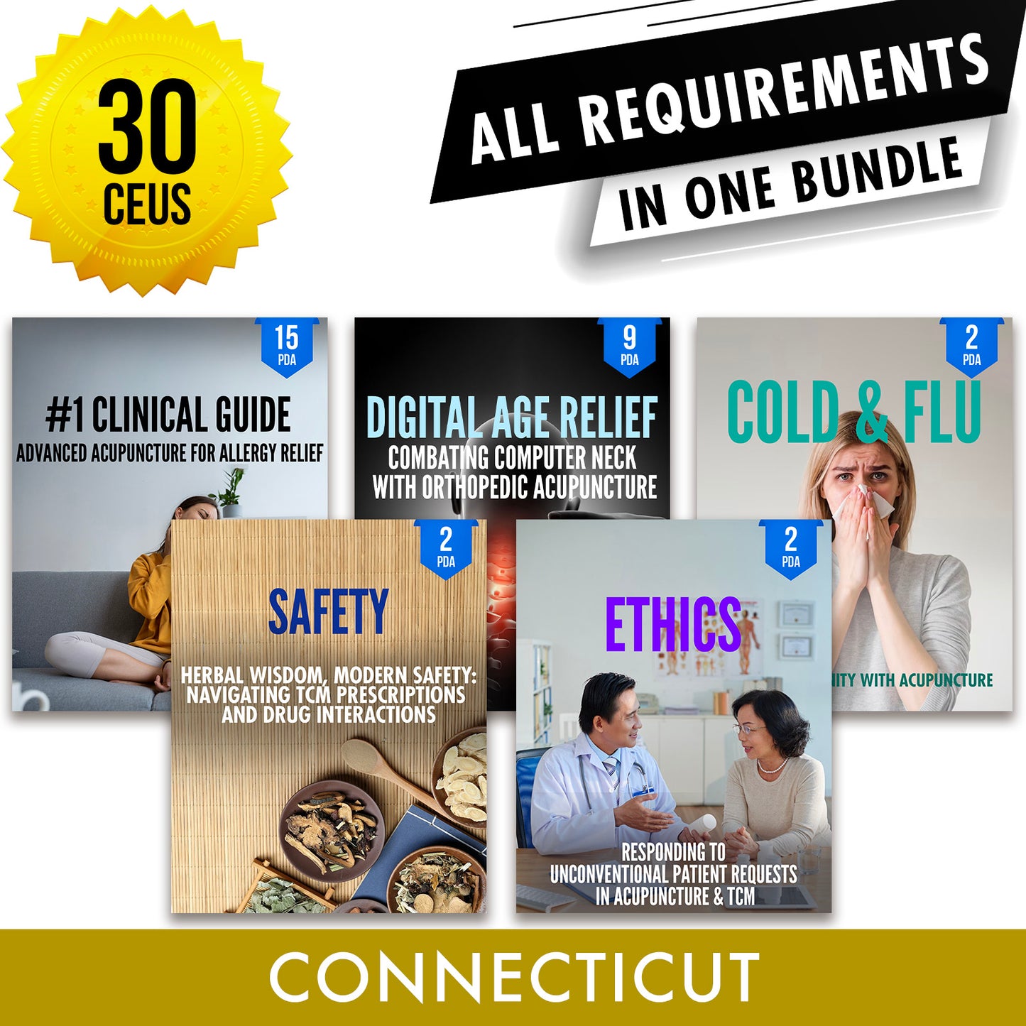 Connecticut Bundle 2: Full Recertification - All Required Acupuncture Continuing Education Credits in One Package, 30 PDA/CEU Hours ACEU Masters continuing education florida california nccaom australia uk canada