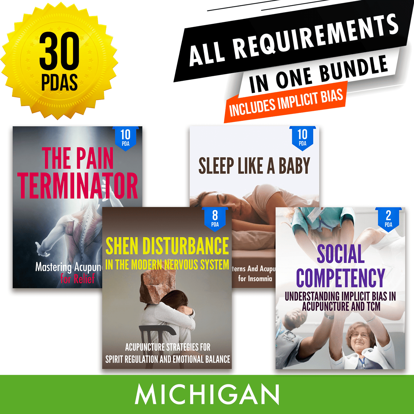Michigan Bundle 1: Full Recertification - All Required Acupuncture Continuing Education Credits in One Package, 30 PDA/CEU Hours ACEU Masters continuing education florida california nccaom australia uk canada