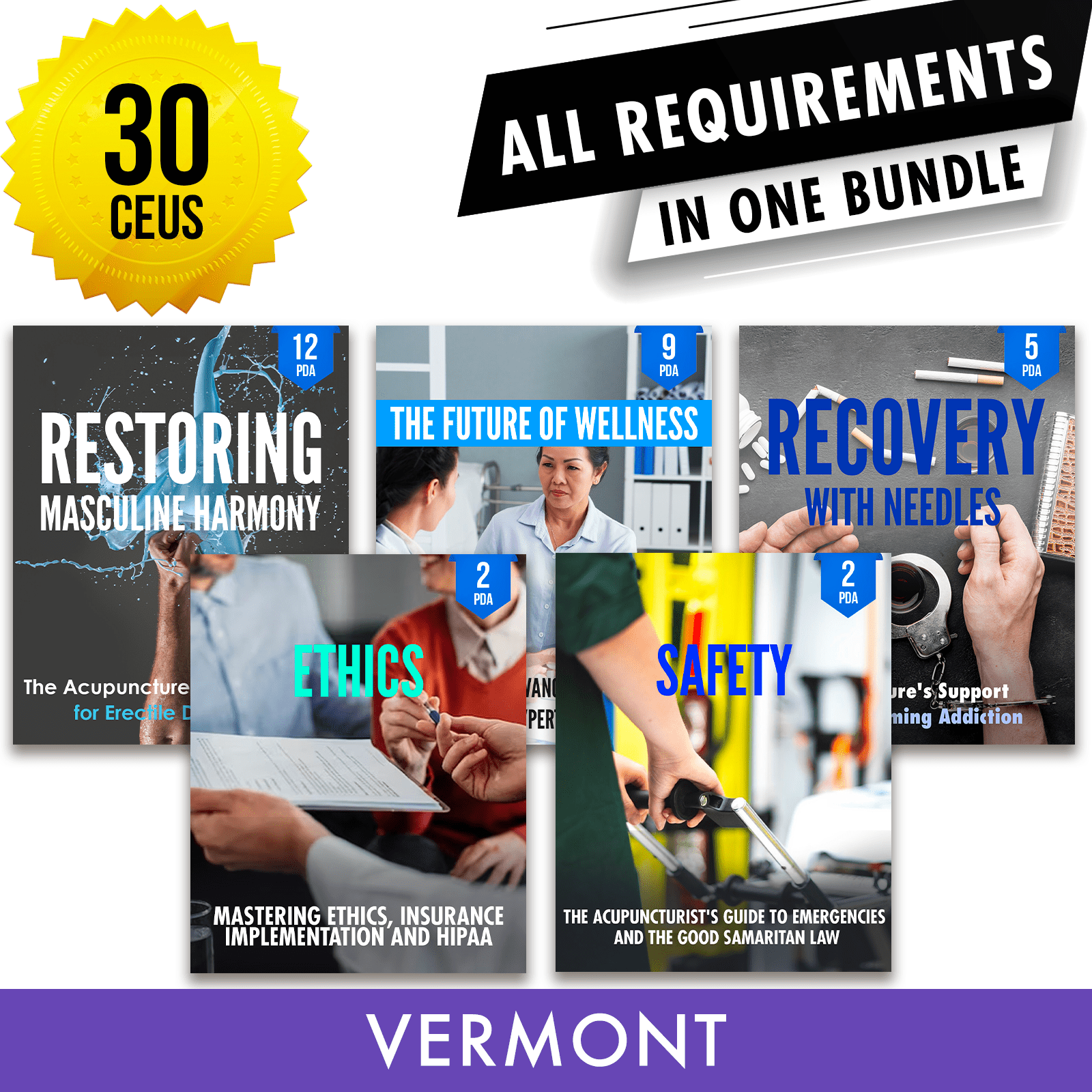 Vermont Bundle 1: Full Recertification - All Required Acupuncture Continuing Education Credits in One Package, 30 PDA/CEU Hours ACEU Masters continuing education florida california nccaom australia uk canada