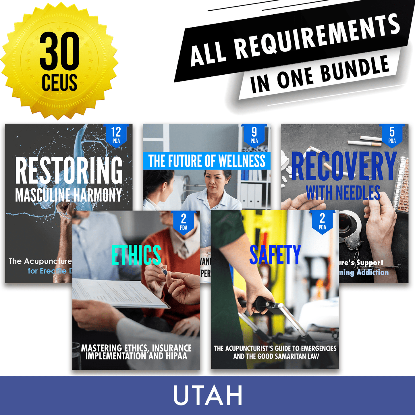 Utah Bundle 1: Full Recertification - All Required Acupuncture Continuing Education Credits in One Package, 30 PDA/CEU Hours ACEU Masters continuing education florida california nccaom australia uk canada