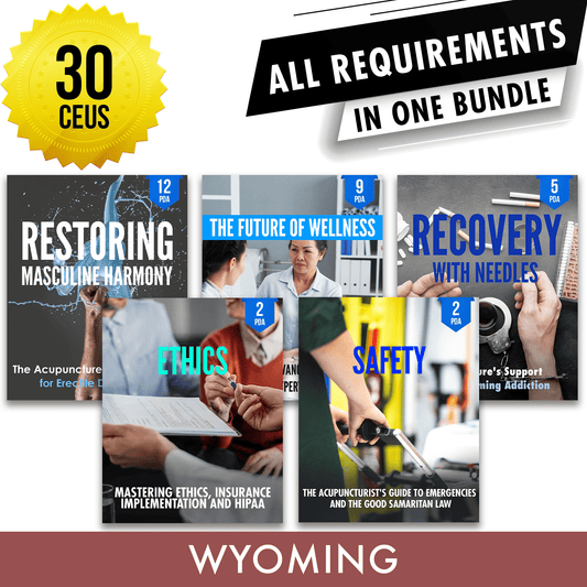 Wyoming Bundle 1: Full Recertification - All Required Acupuncture Continuing Education Credits in One Package, 30 PDA/CEU Hours ACEU Masters continuing education florida california nccaom australia uk canada