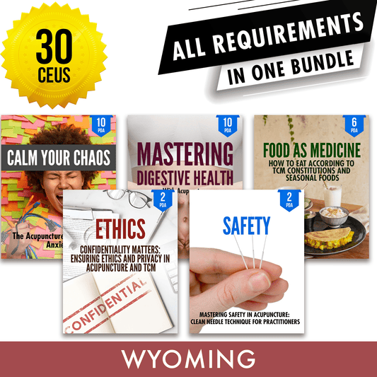 Wyoming Bundle 3: Full Recertification - All Required Acupuncture Continuing Education Credits in One Package, 30 PDA/CEU Hours ACEU Masters continuing education florida california nccaom australia uk canada