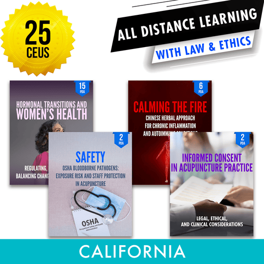 California Online Bundle 1: *NEW FOR 2026* Independent Study Package, Acupuncture Continuing Education, 25 CEUs, Category 1 ACEU Masters continuing education florida california nccaom australia uk canada