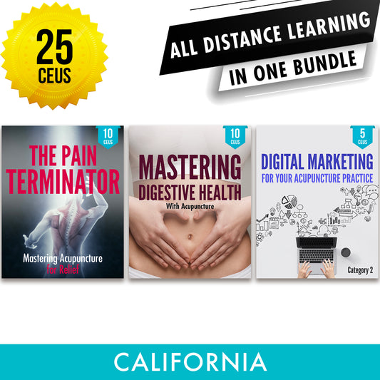 California Online CE Bundle 2: Independent Study Package, Continuing Education, 25 CEUs, Category 1 and 2 ACEU Masters California Acupuncture Board NCCAOM Florida acupuncture continuing education CEU PDA