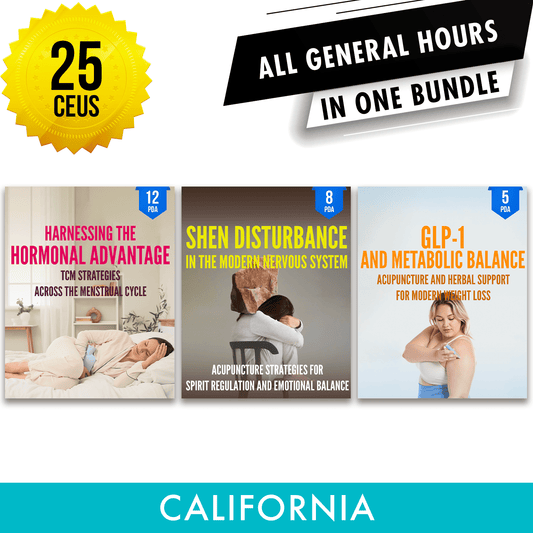 California Online Bundle 3: *NEW FOR 2026* Independent Study Package, Acupuncture Continuing Education, 25 CEUs, Category 1 ACEU Masters continuing education florida california nccaom australia uk canada