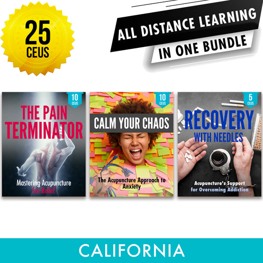 California Online CE Bundle 3: Independent Study Package, Continuing Education, 25 CEUs, Category 1 ACEU Masters California Acupuncture Board NCCAOM Florida acupuncture continuing education CEU PDA