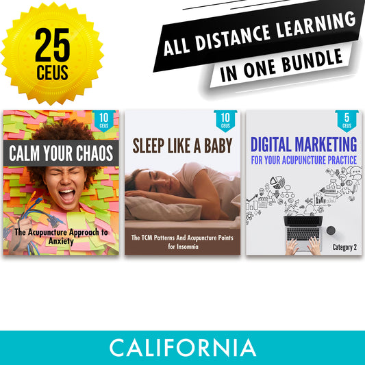 California Online CE Bundle 5: Independent Study Package, 25 CEUs, Continuing Education, Category 1 and 2 ACEU Masters California Acupuncture Board NCCAOM Florida acupuncture continuing education CEU PDA