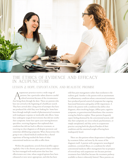 Between Hope and Honesty: The Ethics of Evidence and Efficacy in Acupuncture - NCCAOM Approved Acupuncture Continuing Education, Ethics, 2 PDA/CEU ACEU Masters continuing education florida california nccaom australia uk canada
