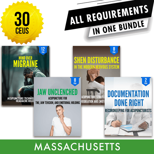 Massachusetts Bundle 1: *NEW FOR 2026 TO 2028* Full Recertification - All Required Acupuncture Continuing Education Credits in One Package, 30 PDA/CEU Hours ACEU Masters continuing education florida california nccaom australia uk canada