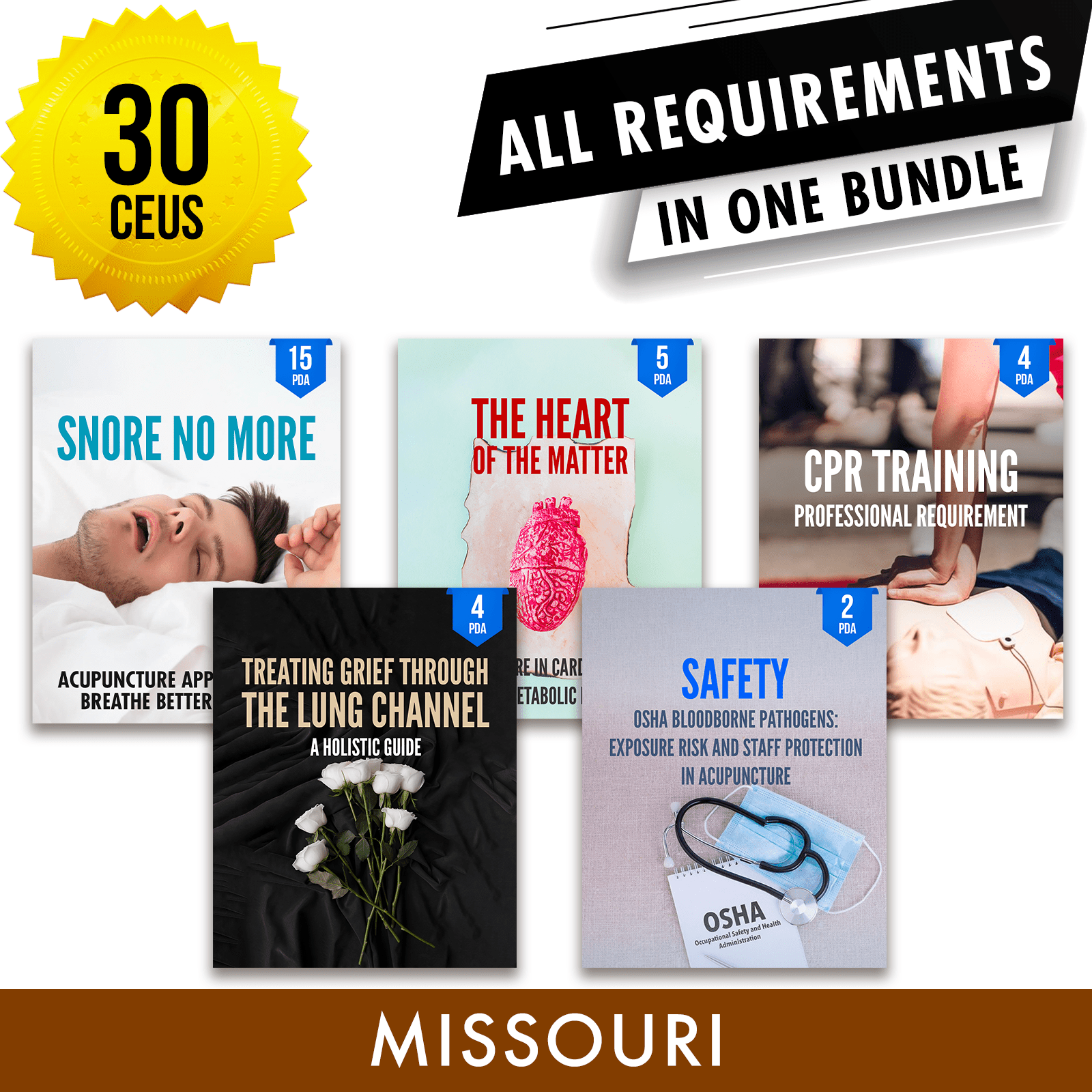 Missouri Bundle 1: *NEW FOR 2026 THROUGH 2028* Full Recertification - All Required Acupuncture Continuing Education Credits in One Package, 30 PDA/CEU Hours ACEU Masters continuing education florida california nccaom australia uk canada