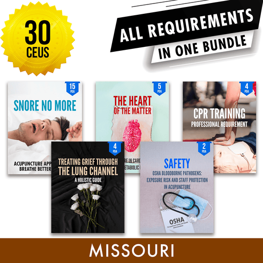 Missouri Bundle 1: *NEW FOR 2026 THROUGH 2028* Full Recertification - All Required Acupuncture Continuing Education Credits in One Package, 30 PDA/CEU Hours ACEU Masters continuing education florida california nccaom australia uk canada