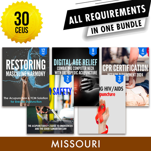 Missouri Bundle 1: Full Recertification - All Required Acupuncture Continuing Education Credits in One Package, 30 PDA/CEU Hours ACEU Masters continuing education florida california nccaom australia uk canada