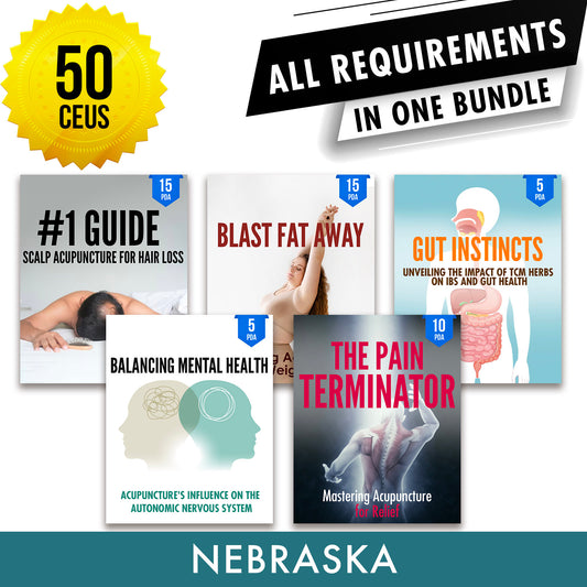 Nebraska Bundle 1: Full Recertification - All Required Acupuncture Continuing Education Credits in One Package, 50 PDA/CEU Hours ACEU Masters continuing education florida california nccaom australia uk canada