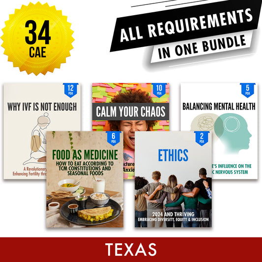Texas Bundle 1: Full Recertification - All Required Acupuncture Continuing Education Credits in One Package, 34 CAE ACEU Masters continuing education florida california nccaom australia uk canada