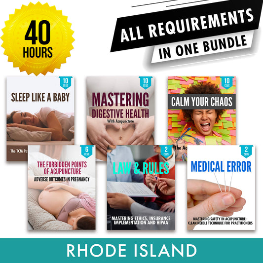 Rhode Island Bundle 1: Full Recertification - All Required Acupuncture Continuing Education Credits in One Package, 40 PDA/CEU Hours ACEU Masters continuing education florida california nccaom australia uk canada