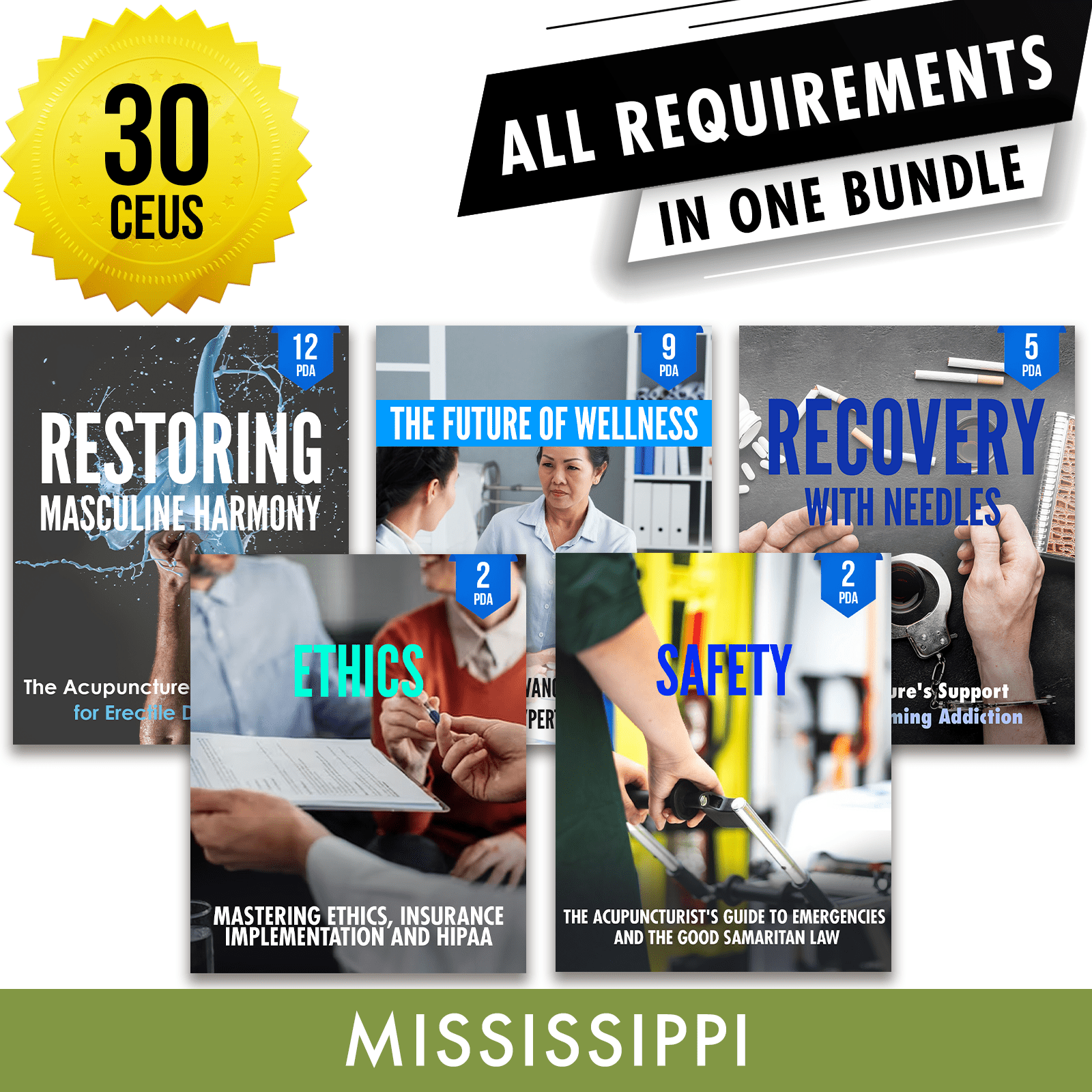 Mississippi Bundle 1: Full Recertification - All Required Acupuncture Continuing Education Credits in One Package, 30 PDA/CEU Hours ACEU Masters continuing education florida california nccaom australia uk canada