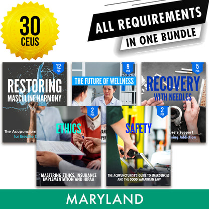 Maryland Bundle 1: Full Recertification - All Required Acupuncture Continuing Education Credits in One Package, 30 PDA/CEU Hours ACEU Masters continuing education florida california nccaom australia uk canada