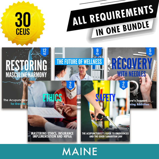 Maine Bundle 1: Full Recertification - All Required Acupuncture Continuing Education Credits in One Package, 30 PDA/CEU Hours ACEU Masters continuing education florida california nccaom australia uk canada