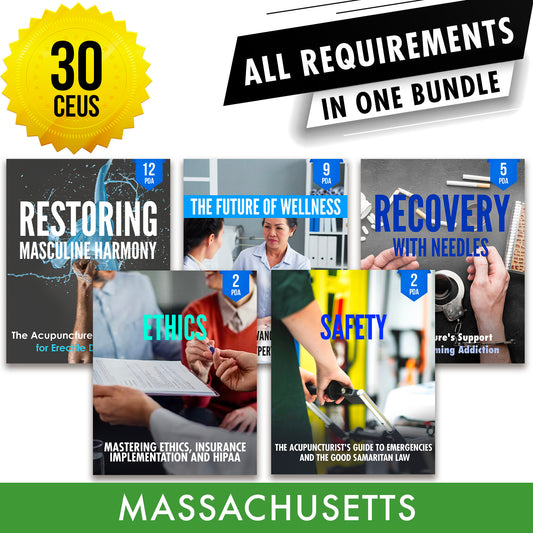 Massachusetts Bundle 1: Full Recertification - All Required Acupuncture Continuing Education Credits in One Package, 30 PDA/CEU Hours ACEU Masters continuing education florida california nccaom australia uk canada