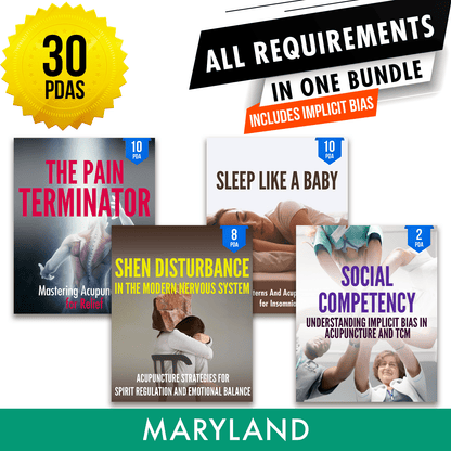 Maryland Bundle 1: Full Recertification - All Required Acupuncture Continuing Education Credits in One Package, 30 PDA/CEU Hours ACEU Masters continuing education florida california nccaom australia uk canada
