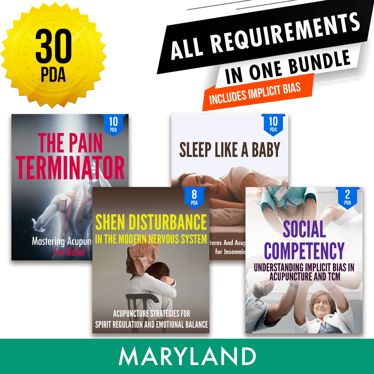 Maryland Bundle 1: Full Recertification With Implicit Bias - All Required Acupuncture Continuing Education Credits in One Package, 30 PDA/CEU Hours ACEU Masters continuing education florida california nccaom australia uk canada