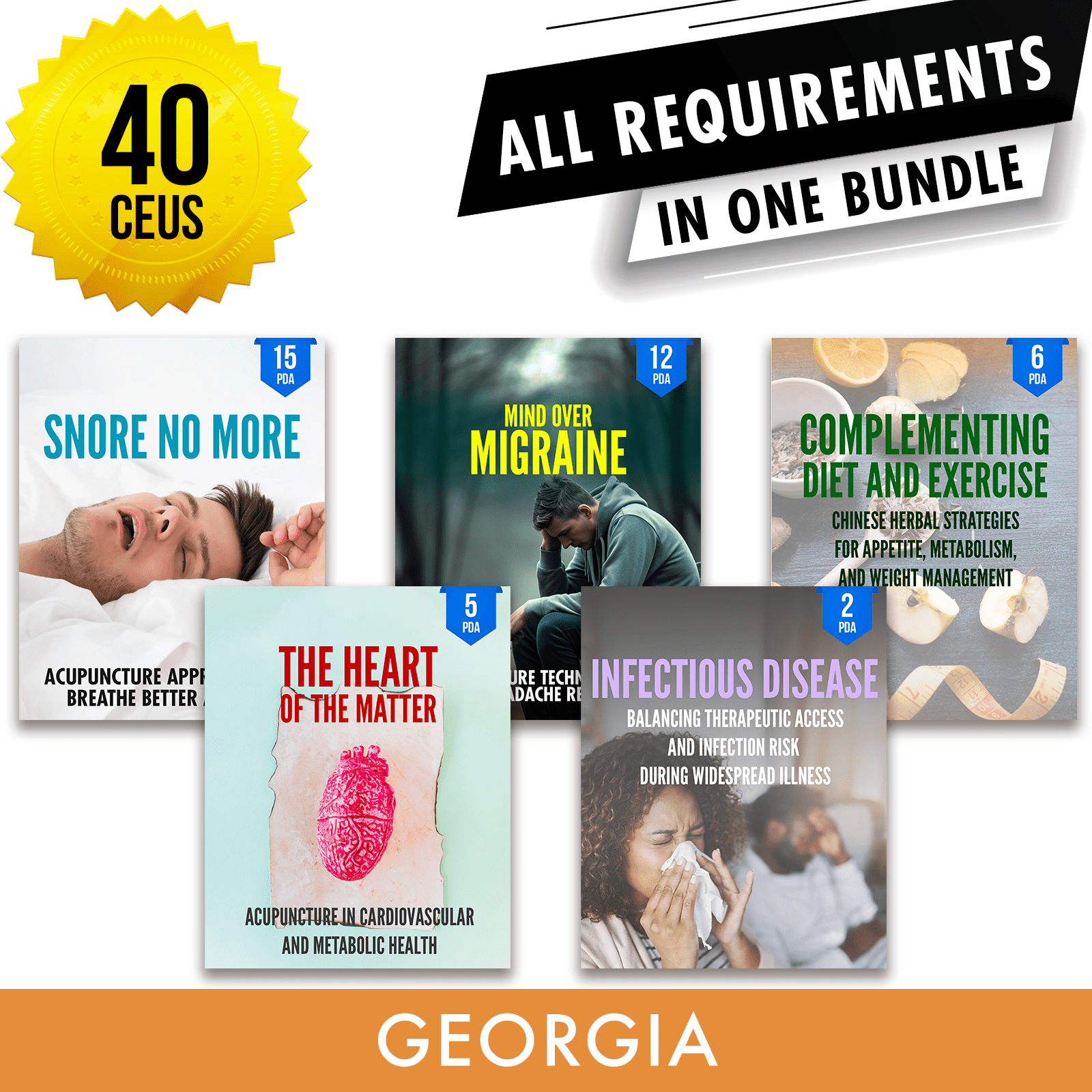 Georgia Bundle 1: *NEW FOR 2026 TO 2028* Full Recertification - All Required Acupuncture Continuing Education Credits in One Package, 40 PDA/CEU Hours ACEU Masters continuing education florida california nccaom australia uk canada