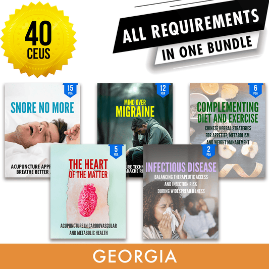 Georgia Bundle 1: *NEW FOR 2026 TO 2028* Full Recertification - All Required Acupuncture Continuing Education Credits in One Package, 40 PDA/CEU Hours ACEU Masters continuing education florida california nccaom australia uk canada
