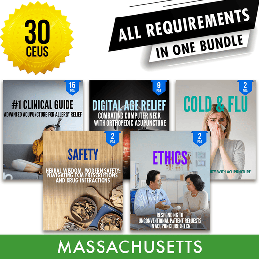 Massachusetts Bundle 2: Full Recertification - All Required Acupuncture Continuing Education Credits in One Package, 30 PDA/CEU Hours ACEU Masters continuing education florida california nccaom australia uk canada