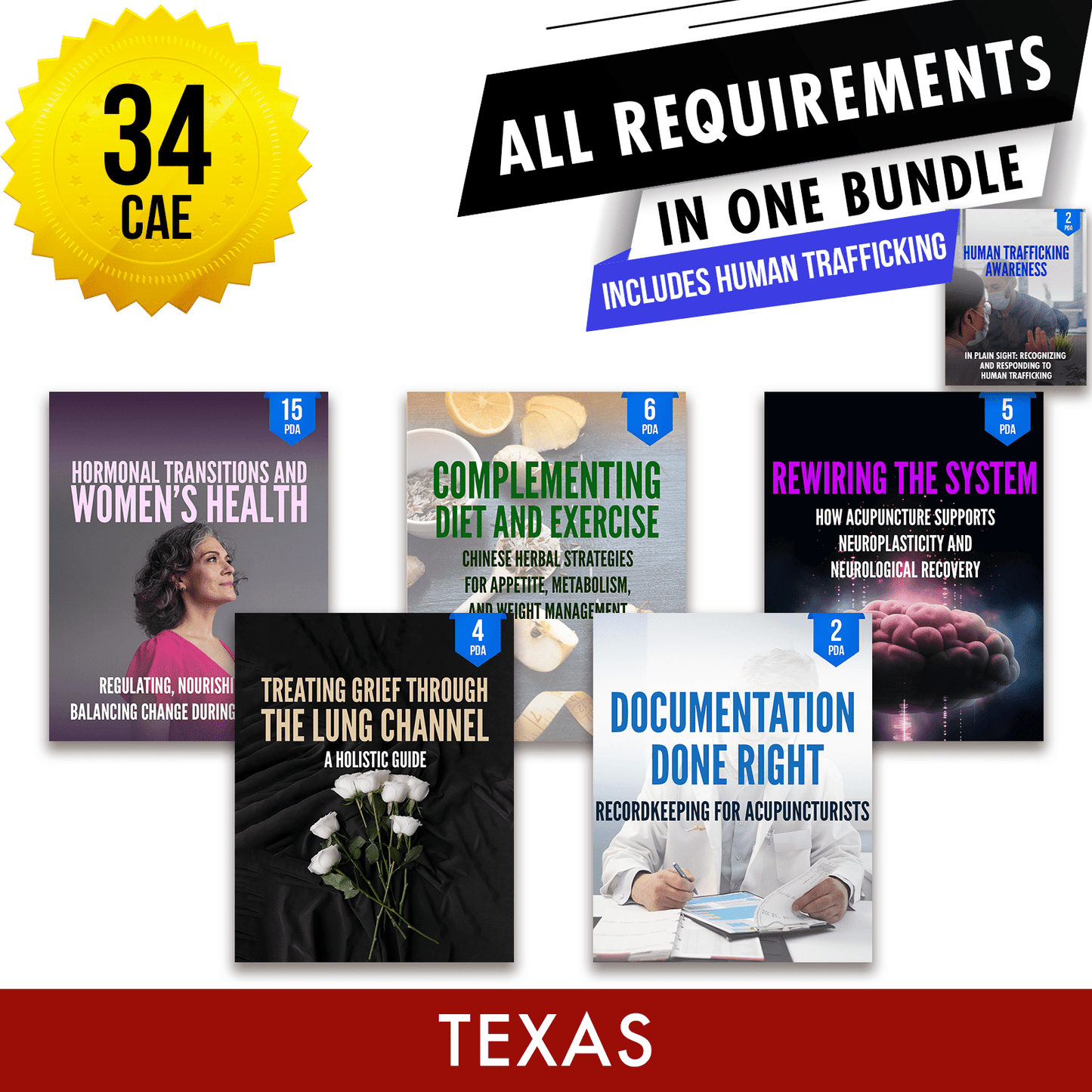 Texas Bundle 2: *NEW FOR 2026* Full Recertification - All Required Acupuncture Continuing Education Credits in One Package, 34 CAE ACEU Masters continuing education florida california nccaom australia uk canada