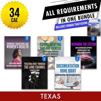 Texas Bundle 2: *NEW FOR 2026* Full Recertification - All Required Acupuncture Continuing Education Credits in One Package, 34 CAE ACEU Masters continuing education florida california nccaom australia uk canada