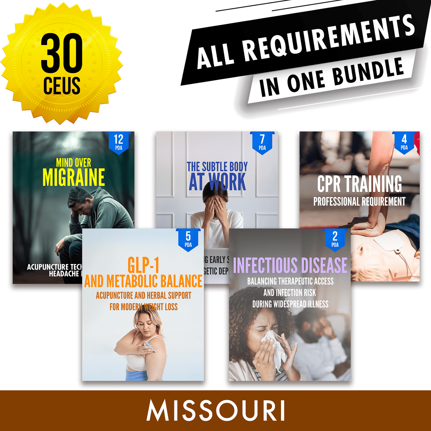Missouri Bundle 2: *NEW FOR 2026 THROUGH 2028* Full Recertification - All Required Acupuncture Continuing Education Credits in One Package, 30 PDA/CEU Hours ACEU Masters continuing education florida california nccaom australia uk canada