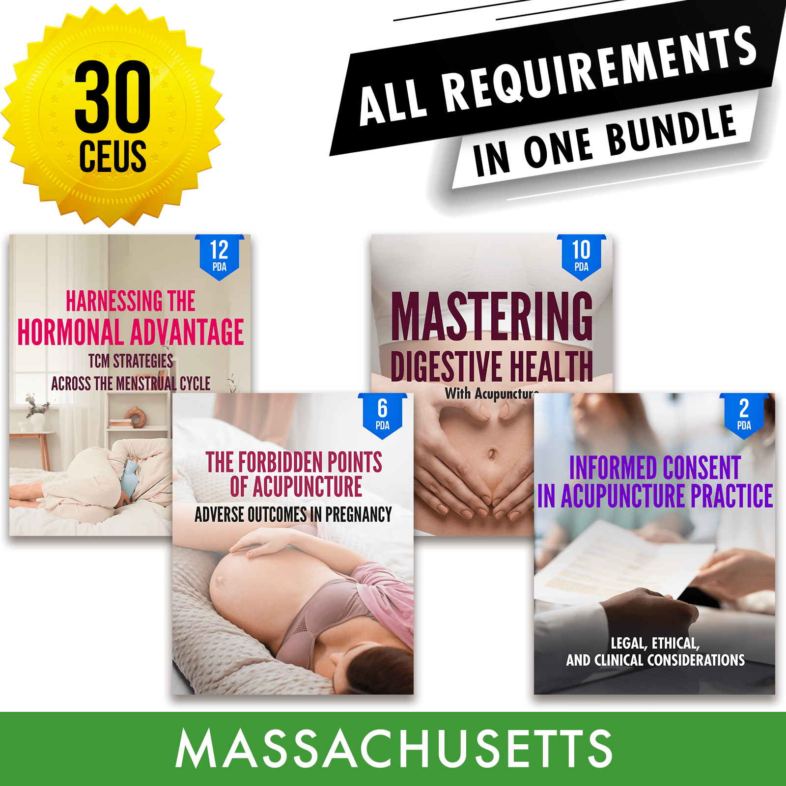 Massachusetts Bundle 2: *NEW FOR 2026 TO 2028* Full Recertification - All Required Acupuncture Continuing Education Credits in One Package, 30 PDA/CEU Hours ACEU Masters continuing education florida california nccaom australia uk canada