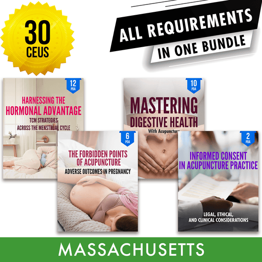 Massachusetts Bundle 2: *NEW FOR 2026 TO 2028* Full Recertification - All Required Acupuncture Continuing Education Credits in One Package, 30 PDA/CEU Hours ACEU Masters continuing education florida california nccaom australia uk canada