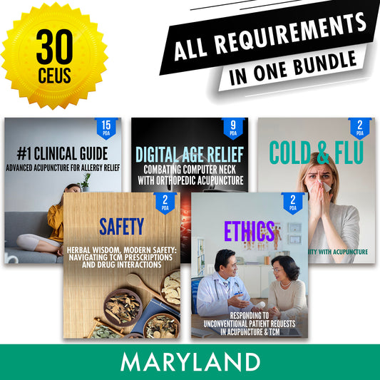 Maryland Bundle 2: Full Recertification - All Required Acupuncture Continuing Education Credits in One Package, 30 PDA/CEU Hours ACEU Masters continuing education florida california nccaom australia uk canada