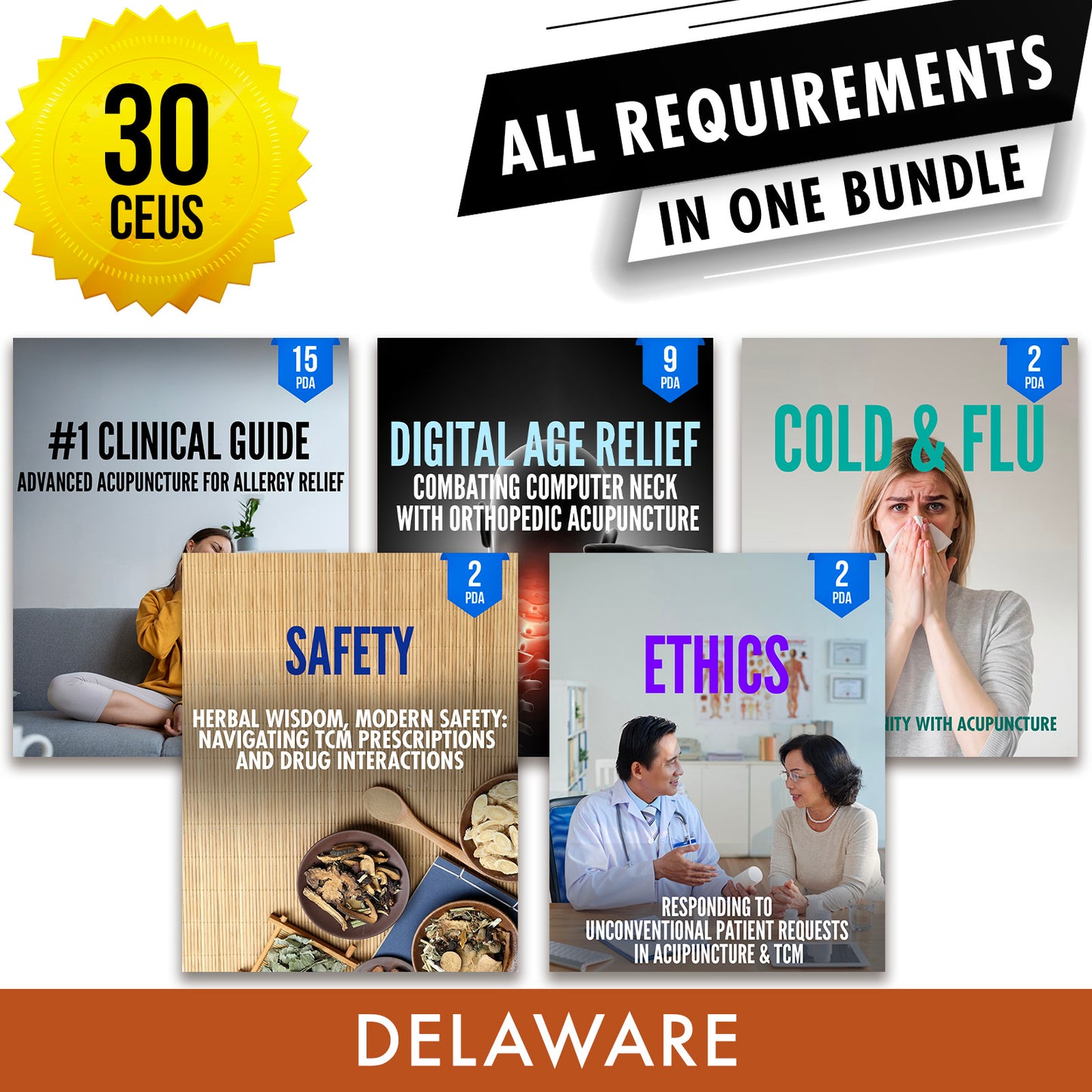 Delaware Bundle 2: Full Recertification - All Required Acupuncture Continuing Education Credits in One Package, 30 PDA/CEU Hours ACEU Masters continuing education florida california nccaom australia uk canada