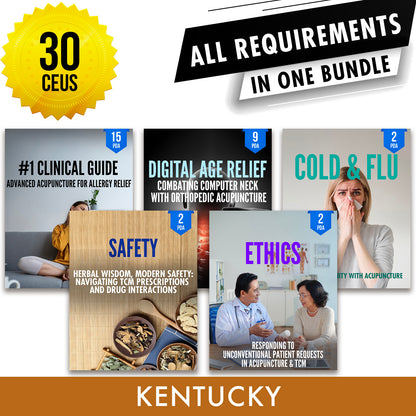 Kentucky Bundle 2: Full Recertification - All Required Acupuncture Continuing Education Credits in One Package, 30 PDA/CEU Hours ACEU Masters continuing education florida california nccaom australia uk canada