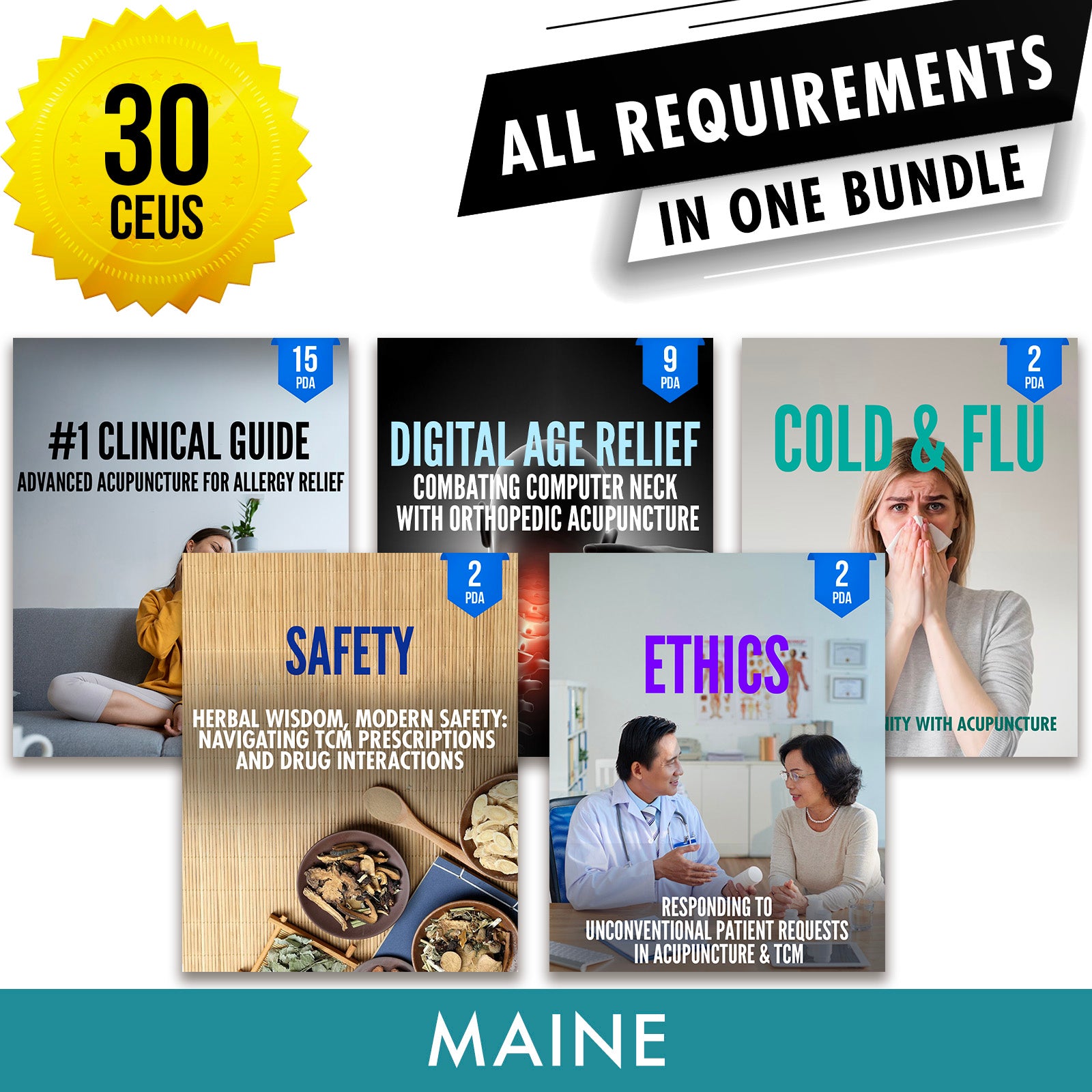 Maine Bundle 2: Full Recertification - All Required Acupuncture Continuing Education Credits in One Package, 30 PDA/CEU Hours ACEU Masters continuing education florida california nccaom australia uk canada