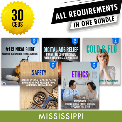 Mississippi Bundle 2: Full Recertification - All Required Acupuncture Continuing Education Credits in One Package, 30 PDA/CEU Hours ACEU Masters continuing education florida california nccaom australia uk canada