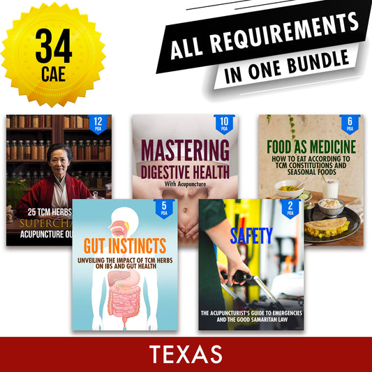 Texas Bundle 2: Full Recertification - All Required Acupuncture Continuing Education Credits in One Package, 34 CAE ACEU Masters continuing education florida california nccaom australia uk canada