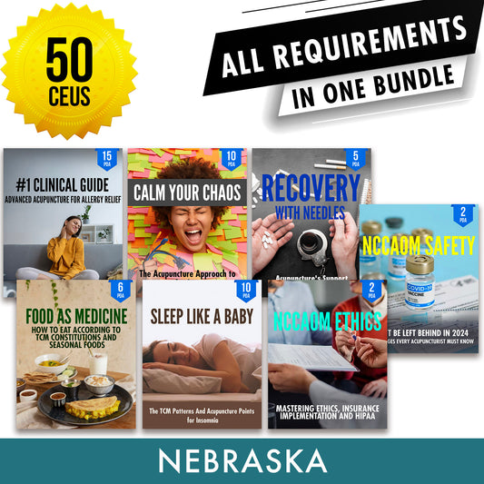 Nebraska Bundle 2: Full Recertification - All Required Acupuncture Continuing Education Credits in One Package, 50 PDA/CEU Hours ACEU Masters continuing education florida california nccaom australia uk canada