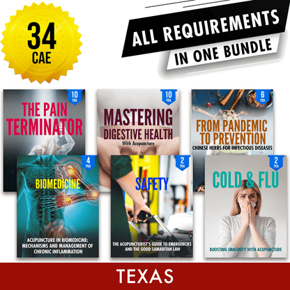 Texas Bundle 2: Full Recertification - All Required Acupuncture Continuing Education Credits in One Package, 34 CAE ACEU Masters continuing education florida california nccaom australia uk canada