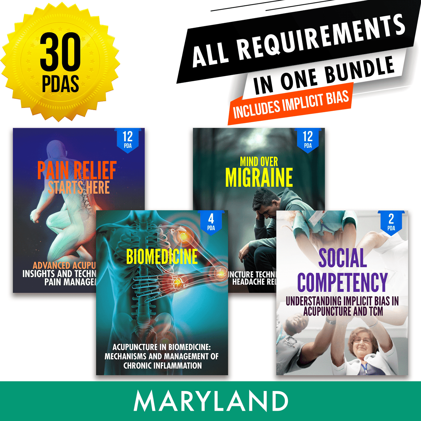 Maryland Bundle 2: Full Recertification - All Required Acupuncture Continuing Education Credits in One Package, 30 PDA/CEU Hours ACEU Masters continuing education florida california nccaom australia uk canada