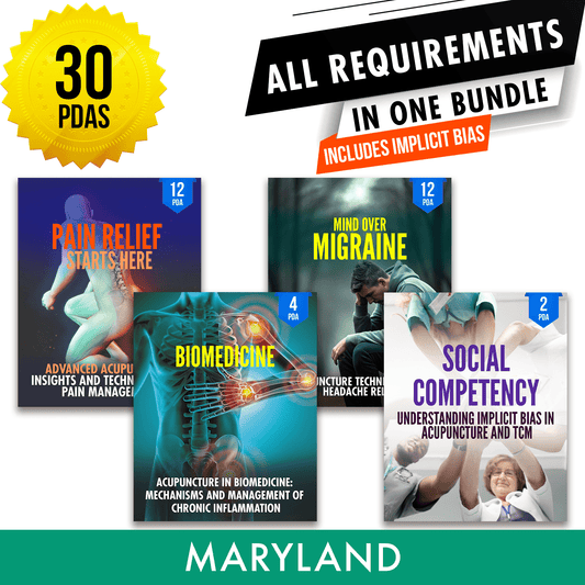 Maryland Bundle 2: Full Recertification - All Required Acupuncture Continuing Education Credits in One Package, 30 PDA/CEU Hours ACEU Masters continuing education florida california nccaom australia uk canada