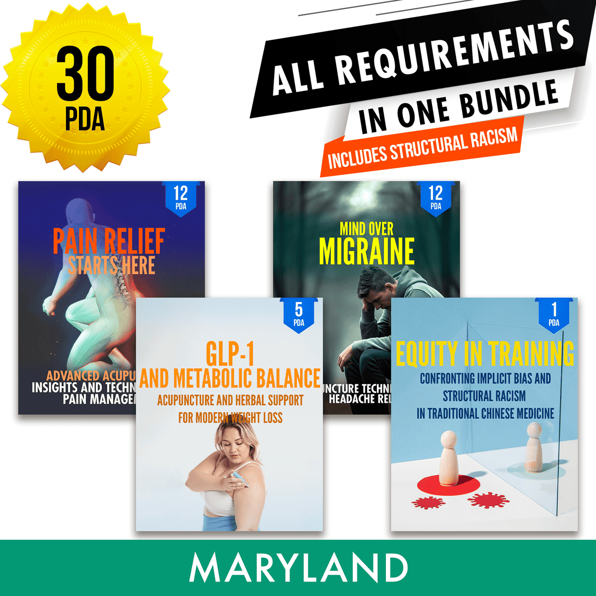 Maryland Bundle 2: Full Recertification With Implicit Bias and Structural Racism - All Required Acupuncture Continuing Education Credits in One Package, 30 PDA/CEU Hours ACEU Masters continuing education florida california nccaom australia uk canada