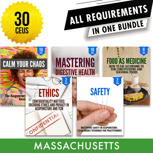 Massachusetts Bundle 3: Full Recertification - All Required Acupuncture Continuing Education Credits in One Package, 30 PDA/CEU Hours ACEU Masters continuing education florida california nccaom australia uk canada