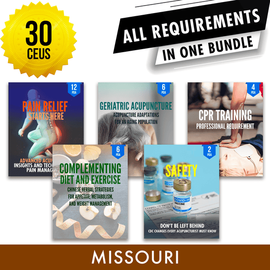 Missouri Bundle 3: *NEW FOR 2026 THROUGH 2028* Full Recertification - All Required Acupuncture Continuing Education Credits in One Package, 30 PDA/CEU Hours ACEU Masters continuing education florida california nccaom australia uk canada