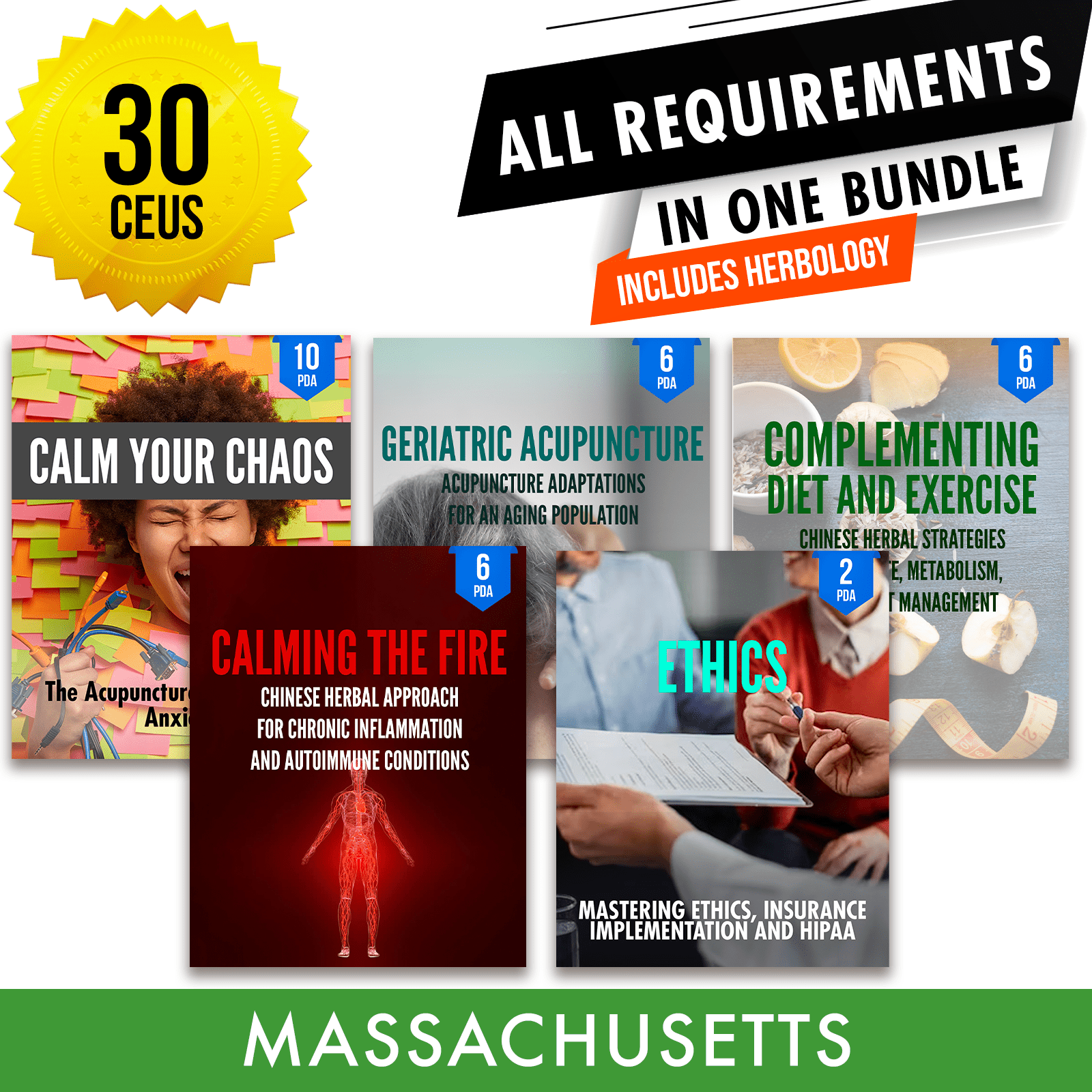 Massachusetts Bundle 3: *NEW FOR 2026 TO 2028* Full Recertification With Herbology - All Required Acupuncture Continuing Education Credits in One Package, 30 PDA/CEU Hours ACEU Masters continuing education florida california nccaom australia uk canada